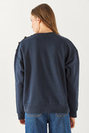 Kadın Omzu Düğme Detaylı Nakışlı Sweatshirt - Navy