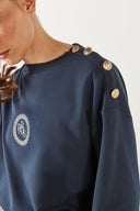 Kadın Omzu Düğme Detaylı Nakışlı Sweatshirt - Navy