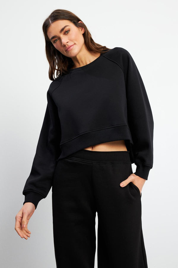Kadın Önü Kısa Arkası Uzun Balon Kollu Sweatshirt - Siyah
