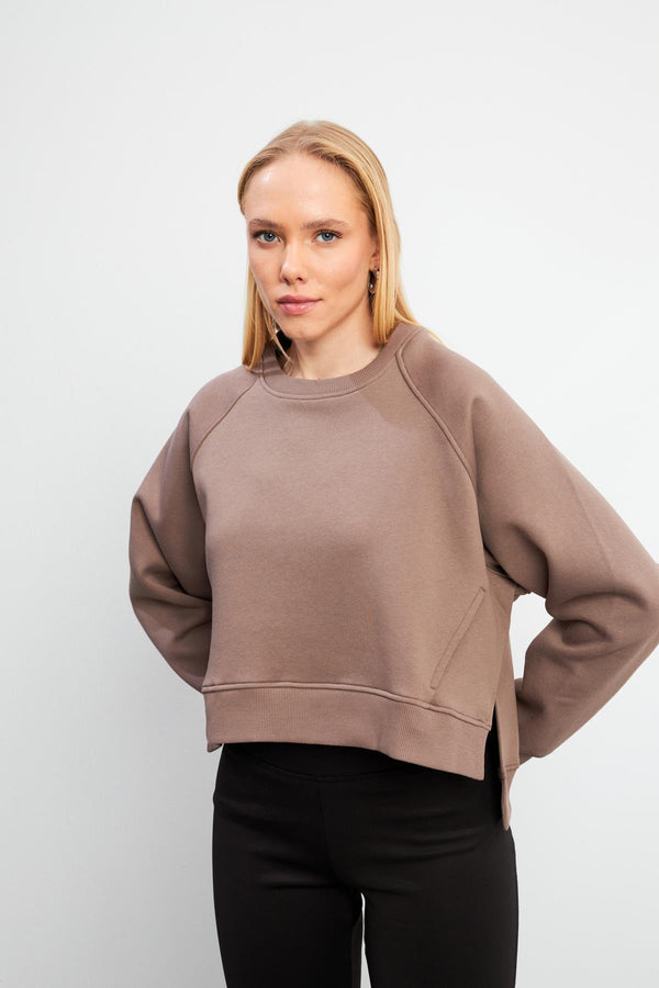 Kadın Önü Kısa Arkası Uzun Balon Kollu Sweatshirt - Vizon