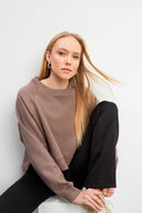 Kadın Önü Kısa Arkası Uzun Balon Kollu Sweatshirt - Vizon