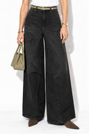 Orta Bel Parçalı Geniş Paça Black Jean Pantolon-Black