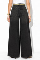 Orta Bel Parçalı Geniş Paça Black Jean Pantolon-Black