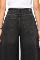Orta Bel Parçalı Geniş Paça Black Jean Pantolon-Black
