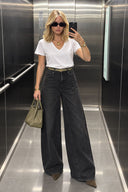 Orta Bel Parçalı Geniş Paça Black Jean Pantolon-Black