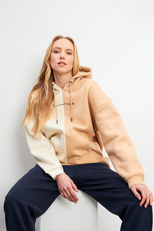 Kadın Parçalı Kemik - Bej Oversize Sweatshirt