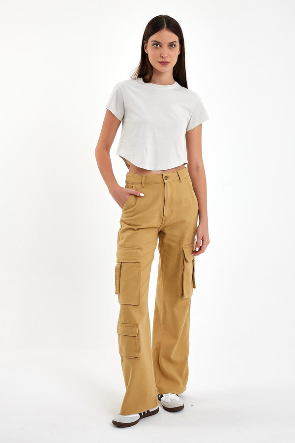 Kadın Paula Bal Köpüğü Kargo Cepli Wide Leg Pantolon