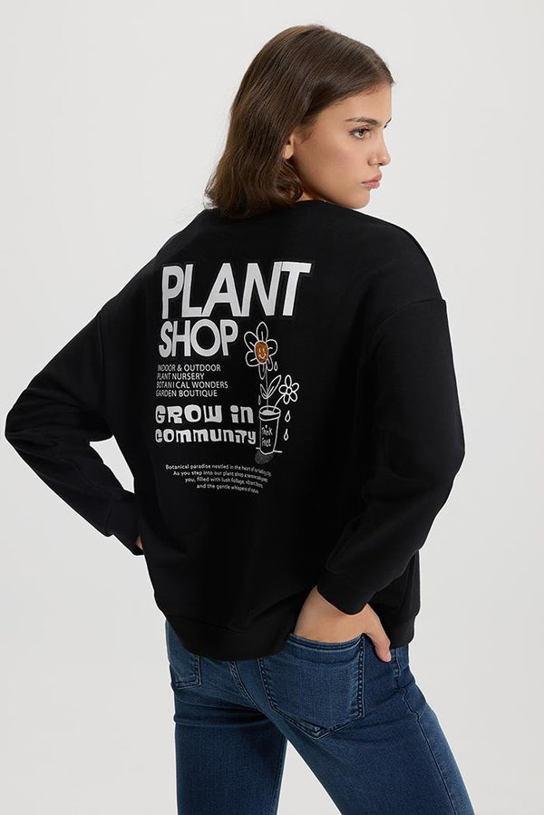 Kadın Plant Baskılı Sweatshirt - Siyah