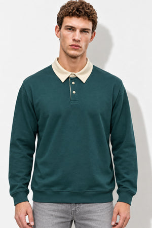 Polo Yaka Sweatshirt %100 Pamuk-Yeşil