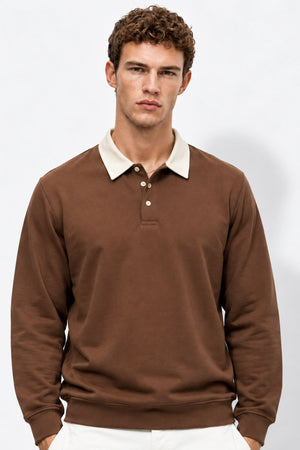 Polo Yaka Sweatshirt %100 Pamuk-Kahverengi