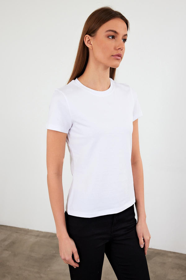 Kadın Rachel Beyaz Bisiklet Yaka Slim Fit Basic Tişört