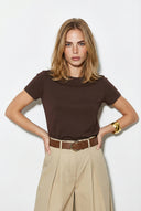 Rachel Bisiklet Yaka Slim Fit Basic Tişört-Kahverengi