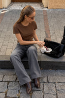 Rachel Bisiklet Yaka Slim Fit Basic Tişört-Kahverengi