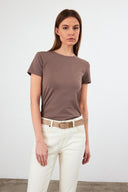 Kadın Rachel Bisiklet Yaka Slim Fit Basic Tişört - Vizon