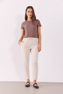 Kadın Rachel Bisiklet Yaka Slim Fit Basic Tişört - Vizon