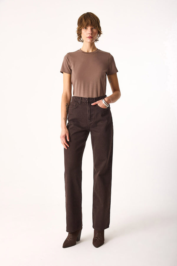 Rachel Bisiklet Yaka Slim Fit Basic Tişört-VİZON