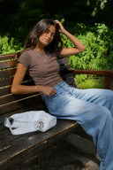 Rachel Bisiklet Yaka Slim Fit Basic Tişört-Vizon