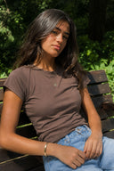 Rachel Bisiklet Yaka Slim Fit Basic Tişört-Vizon
