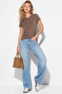 Rachel Bisiklet Yaka Slim Fit Basic Tişört-Vizon