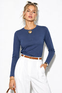 Rachel Bisiklet Yaka Slim Fit Basic Uzun Kollu Tişört-Mavi