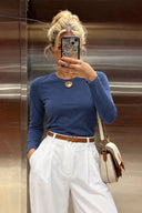 Rachel Bisiklet Yaka Slim Fit Basic Uzun Kollu Tişört-Mavi