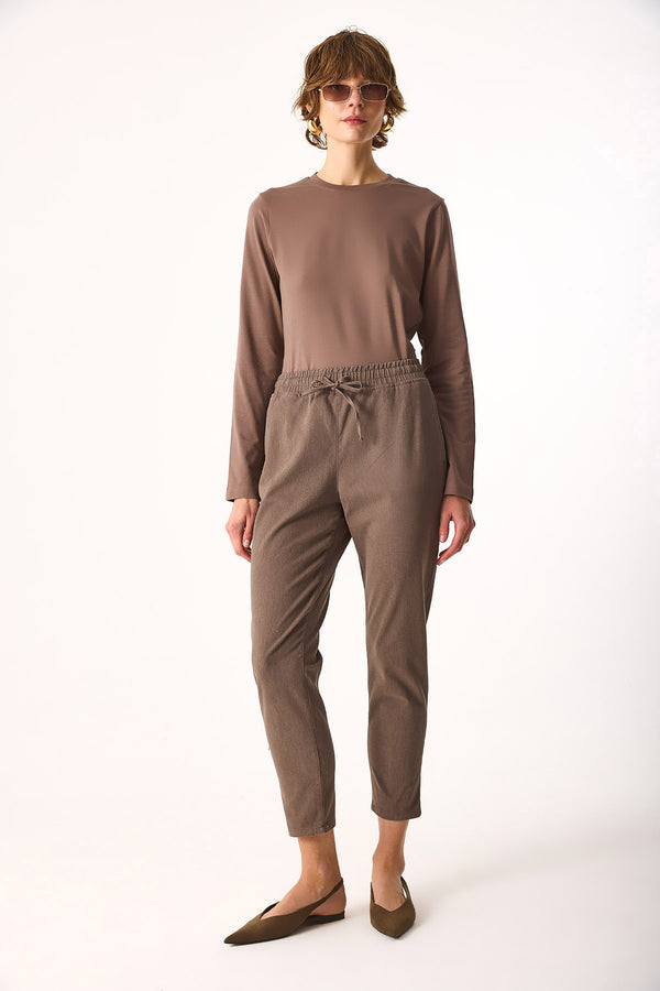 Rachel Bisiklet Yaka Slim Fit Basic Uzun Kollu Tişört-VİZON