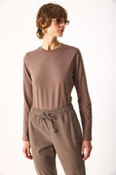 Kadın Rachel Bisiklet Yaka Slim Fit Basic Uzun Kollu Tişört - Vizon