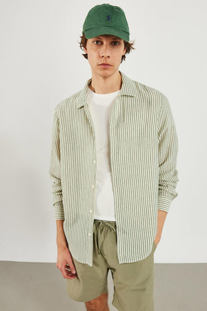 Erkek Regular Fit Çizgili Armürlü Gömlek %100 Pamuk - Haki