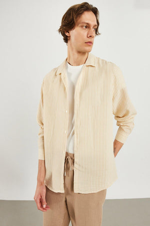 Erkek Regular Fit Çizgili Armürlü Gömlek %100 Pamuk - Taş