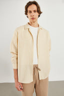 Erkek Regular Fit Çizgili Armürlü Gömlek %100 Pamuk - Taş