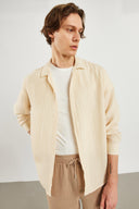 Erkek Regular Fit Çizgili Armürlü Gömlek %100 Pamuk - Taş