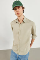 Erkek Regular Fit Çizgili Gömlek - Bej Çizgili