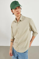 Erkek Regular Fit Çizgili Gömlek - Bej Çizgili