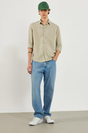 Erkek Regular Fit Çizgili Gömlek - Bej Çizgili