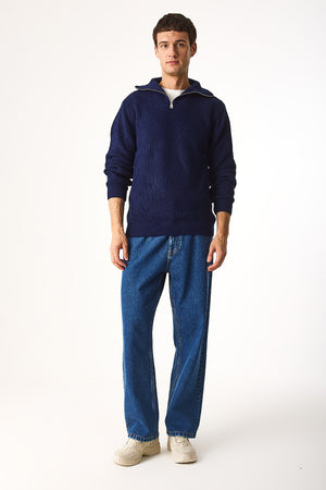 Erkek Regular Fit Dik Yaka Yarım Fermuarlı Triko Kazak - Lacivert