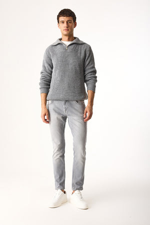 Erkek Regular Fit Dik Yaka Yarım Fermuarlı Triko Kazak - Antrasit