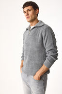 Erkek Regular Fit Dik Yaka Yarım Fermuarlı Triko Kazak - Antrasit