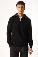 Erkek Regular Fit Dik Yaka Yarım Fermuarlı Triko Kazak - Siyah