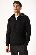 Erkek Regular Fit Dik Yaka Yarım Fermuarlı Triko Kazak - Siyah