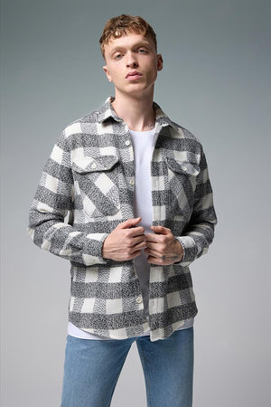 Erkek Regular Fit Ekose Dış Gömlek - Siyah - Ekru