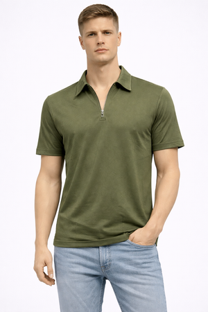 Regular Fit Polo Yaka Fermuar Detaylı Tişört-Haki