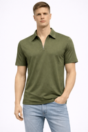 Regular Fit Polo Yaka Fermuar Detaylı Tişört-Haki