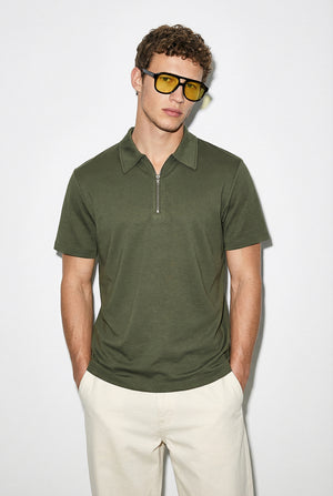 Regular Fit Polo Yaka Fermuar Detaylı Tişört-Haki