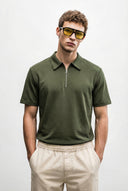 Regular Fit Polo Yaka Fermuar Detaylı Tişört-Haki