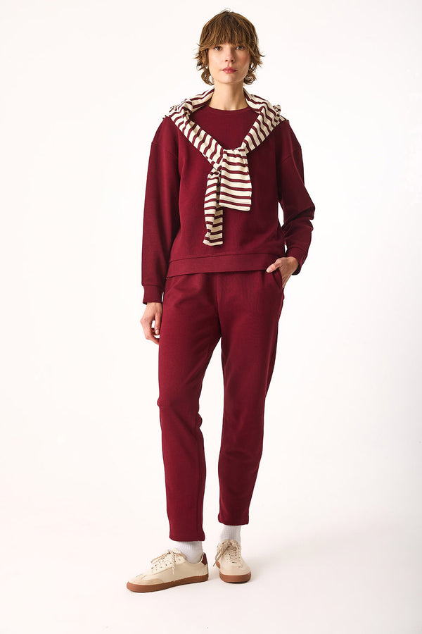 Rhona Bisiklet Yaka Regular Fit 3 İplik Sweatshirt-Bordo