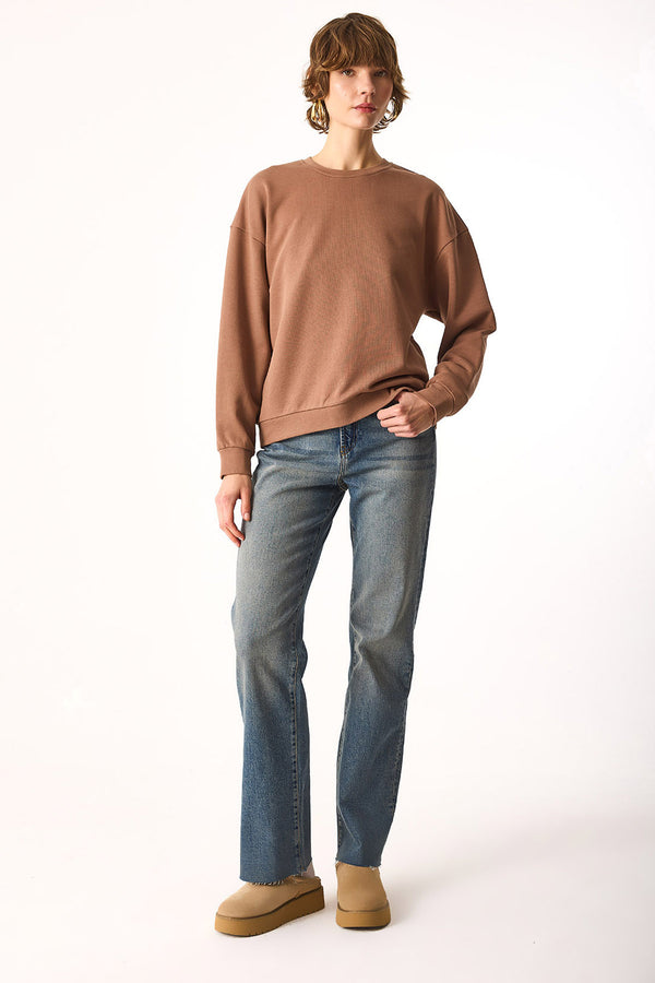 Rhona Bisiklet Yaka Regular Fit 3 İplik Sweatshirt-Kahverengi