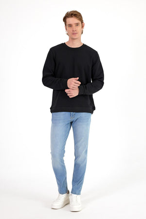 Erkek Rich Bisiklet Yaka Regular Fit 3 İplik Sweatshirt - Siyah