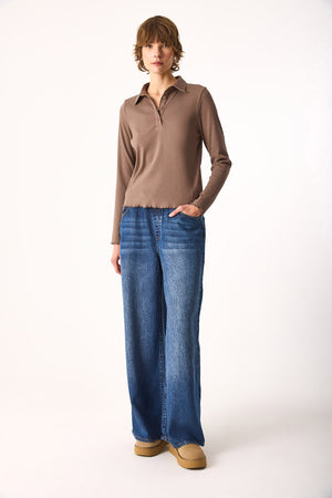 Kadın Riso Gömlek Yakalı Tişört - Vizon