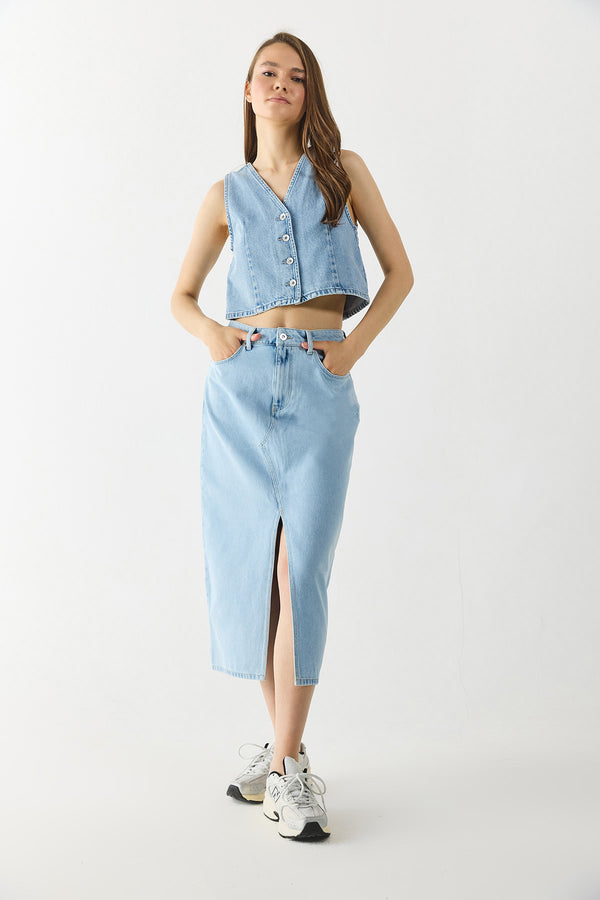Rita Midi Boy Med Blue Yırtmaçlı Jean Kalem Etek - MED BLUE