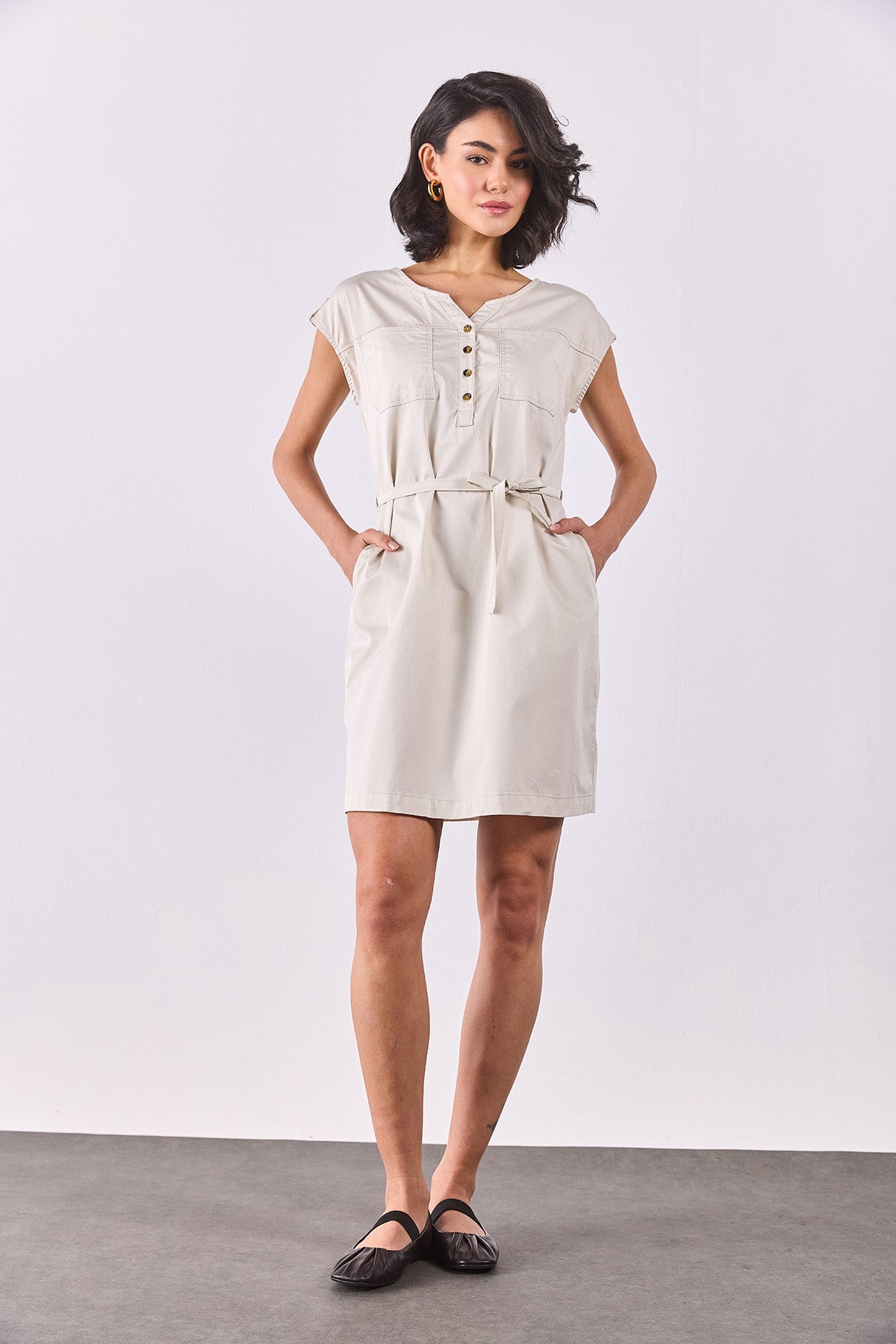 Kadın Riva Önü Düğmeli Regular Fit Gabardin Elbise - Kemik